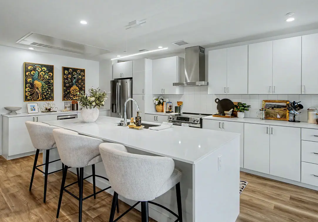 A fully furnished kitchen area